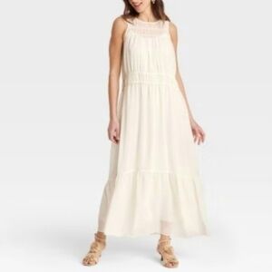 A New Day Cream Sheer Maxi Ruffle Dress Fully Lined NWT Size Medium